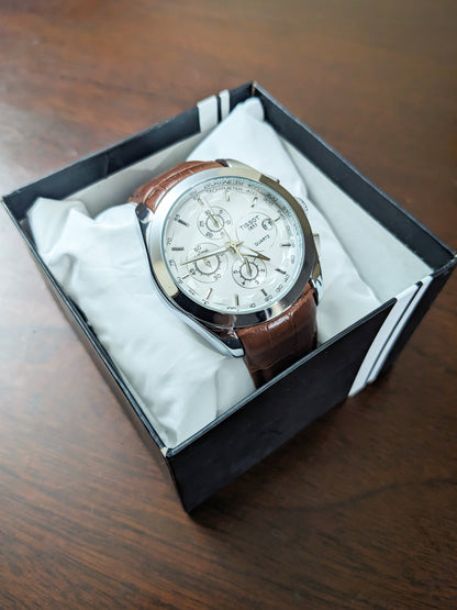 Cloutt 1853 Premium Watch | Brown Strap Silver Dial